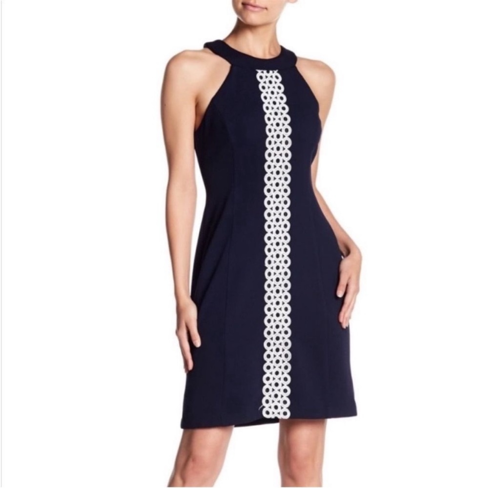 Eliza J Navy Midi Dress with White Lace Trim